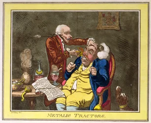 Metalliske traktorer, ca. 1801 (farget etsning)